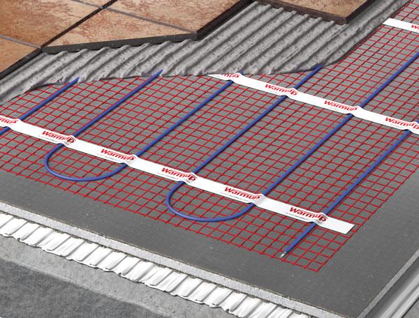 Cutaway of an electric radiant heating mat in a floor.