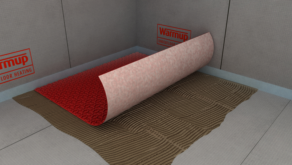 Warmup Fleece-Back membrane being installed over thinset.