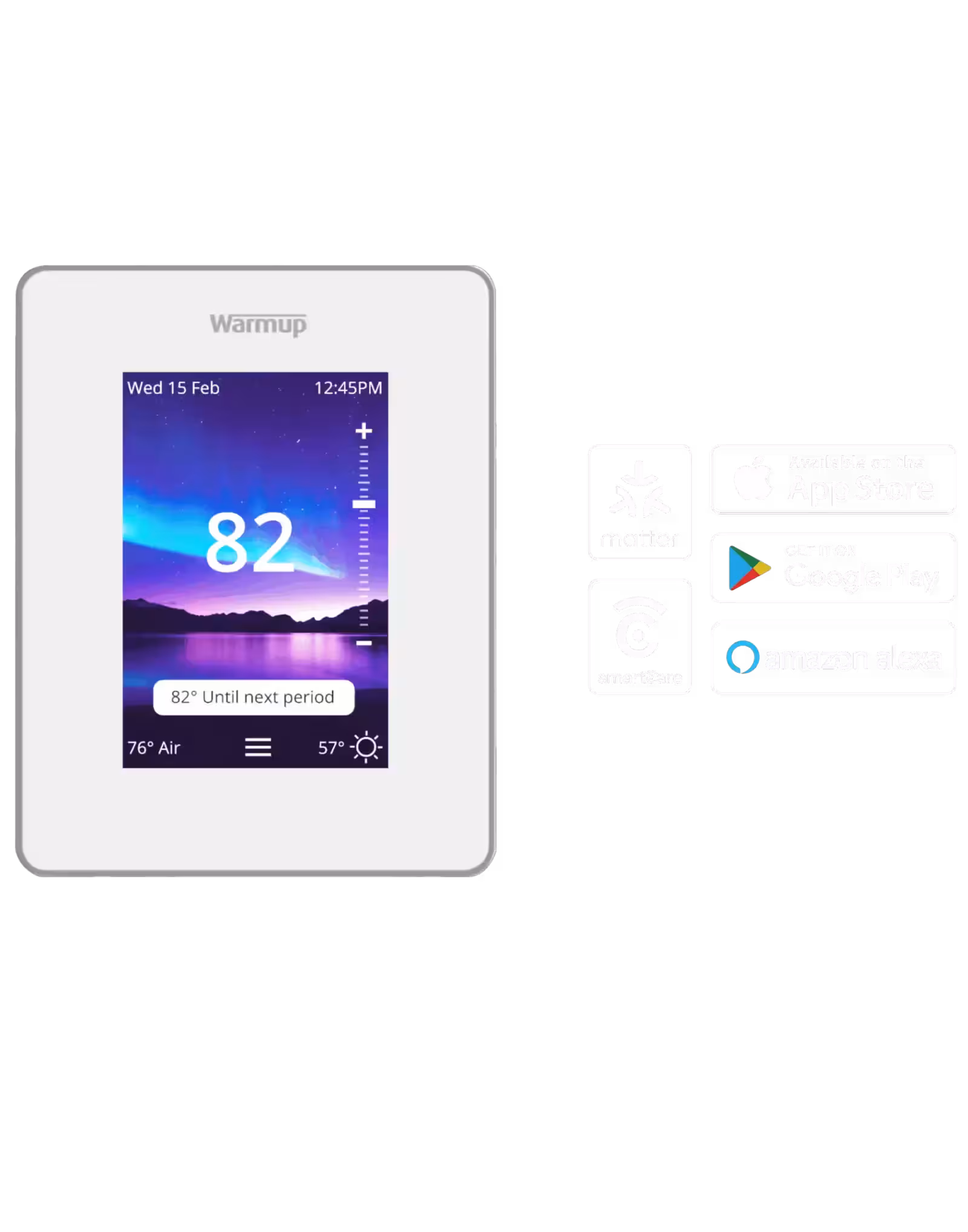 Warmup's7iE Smart Matter Thermostat with Compatibility Icons