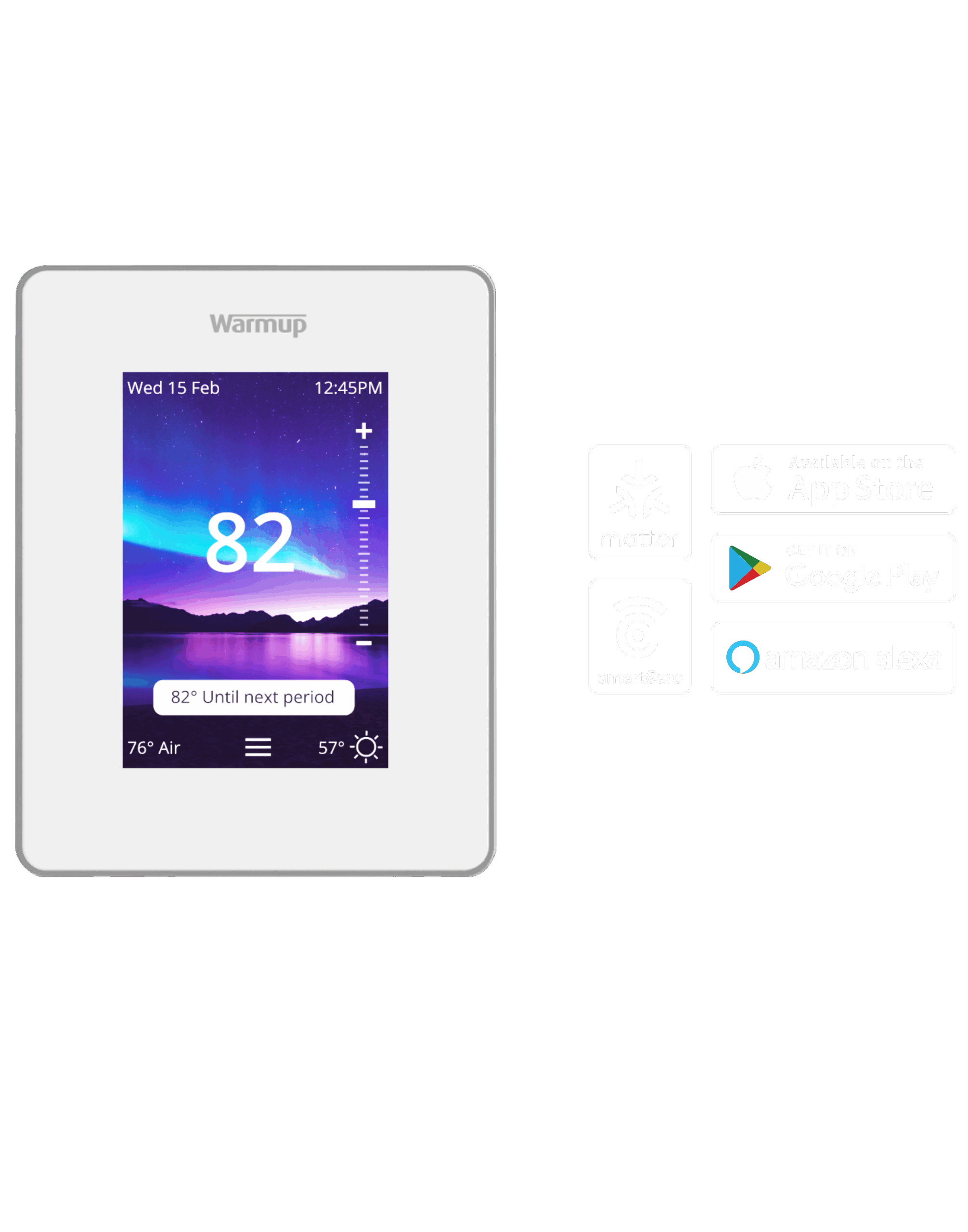Warmup's7iE Smart Matter Thermostat with Compatibility Icons