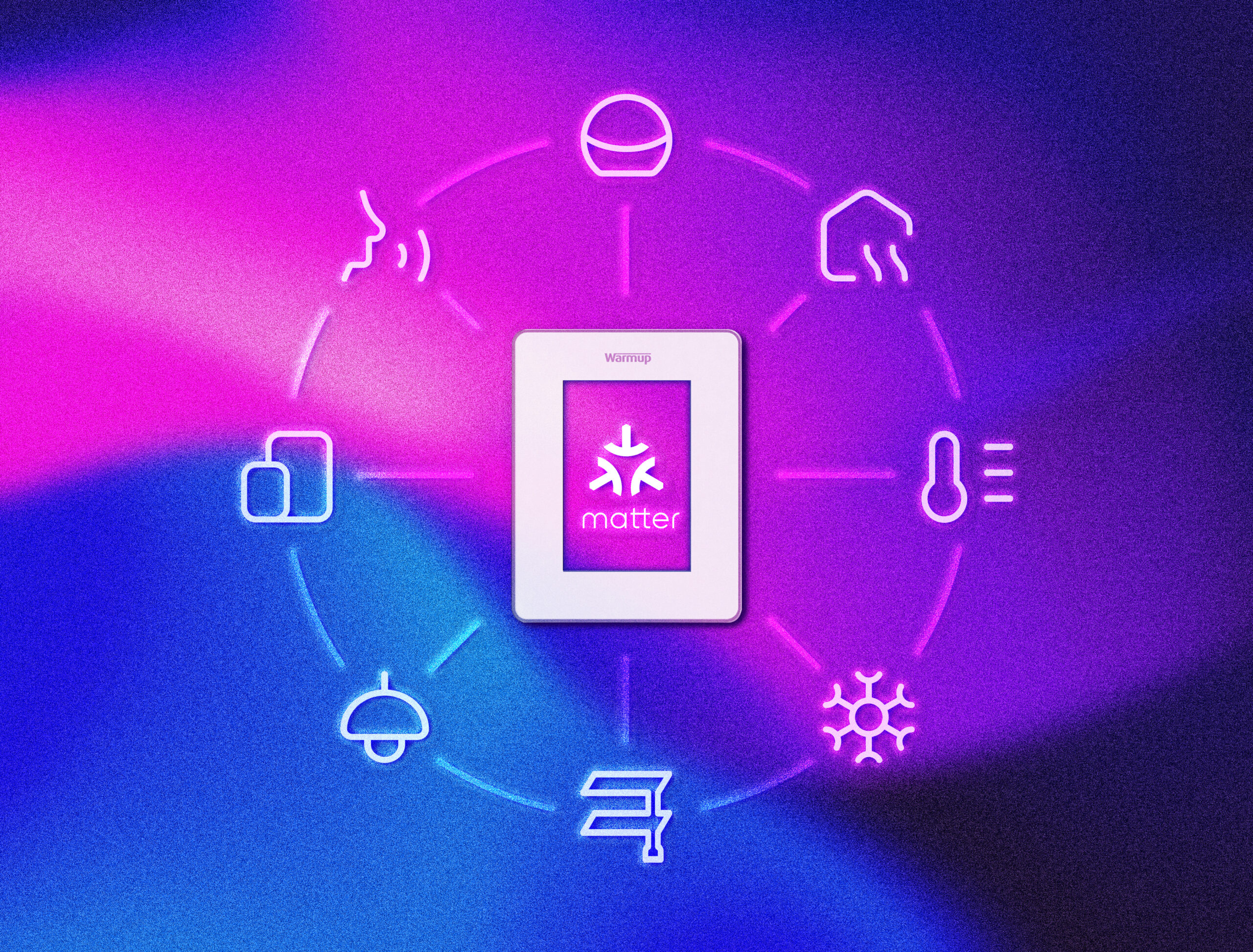 Warmup's 7iE Smart Matter Thermostat with icons showing multiple functionality