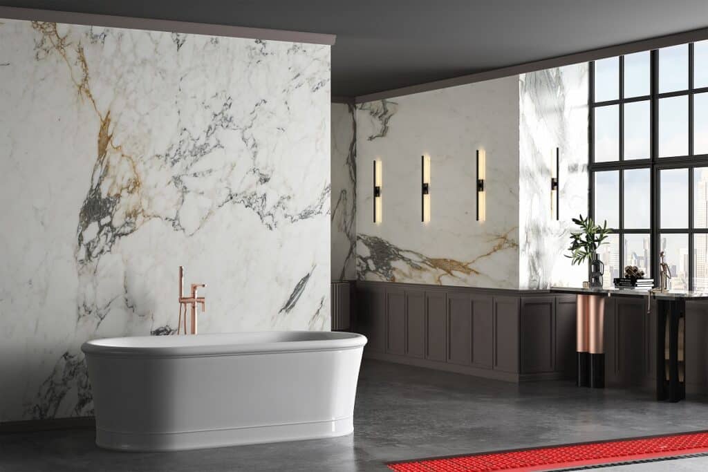 A tiled bathroom floor with Warmup DCM-PRO underfloor heating system underneath.