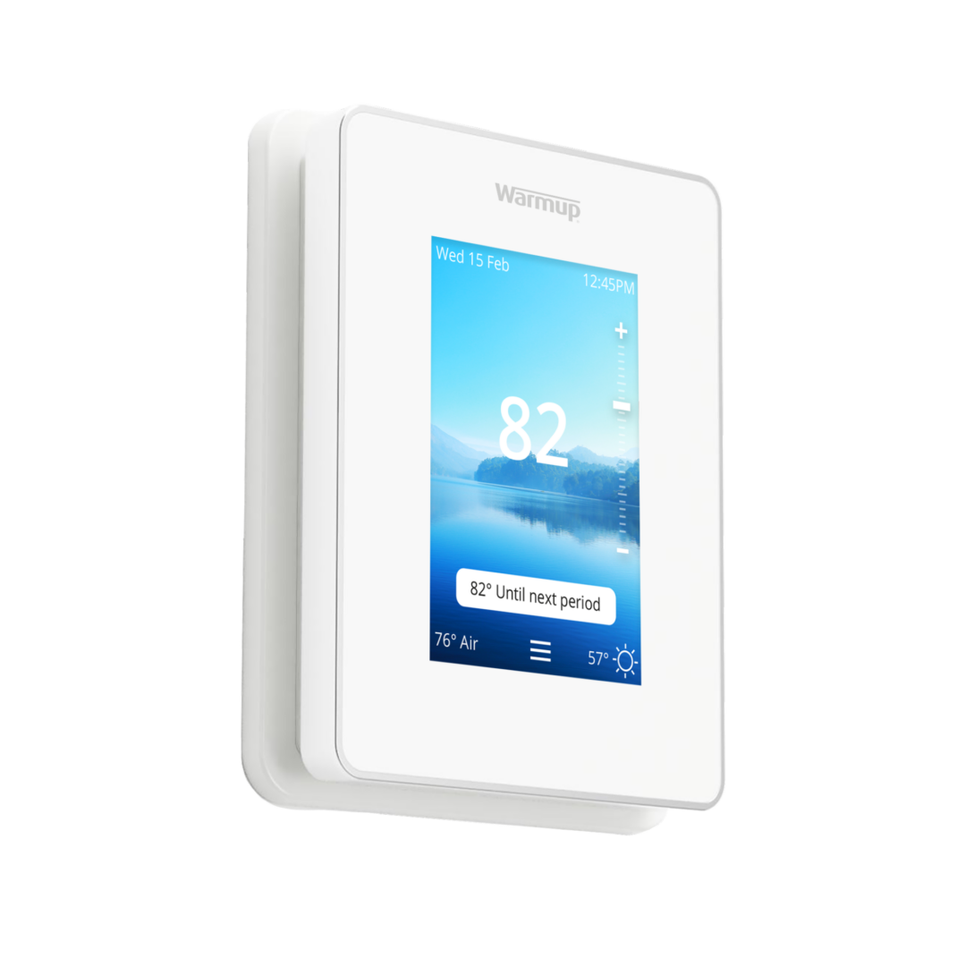 A Warmup 6iE Smart Thermostat showing 82 degrees Fahrenheit. A Warmup 6iE Smart Thermostat showing 82 degrees Fahrenheit.