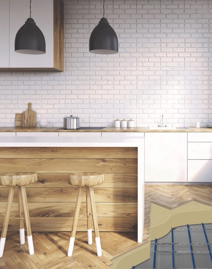 A modern kitchen with a cutaway showing that there is In-Slab Cable providing underfloor heat.