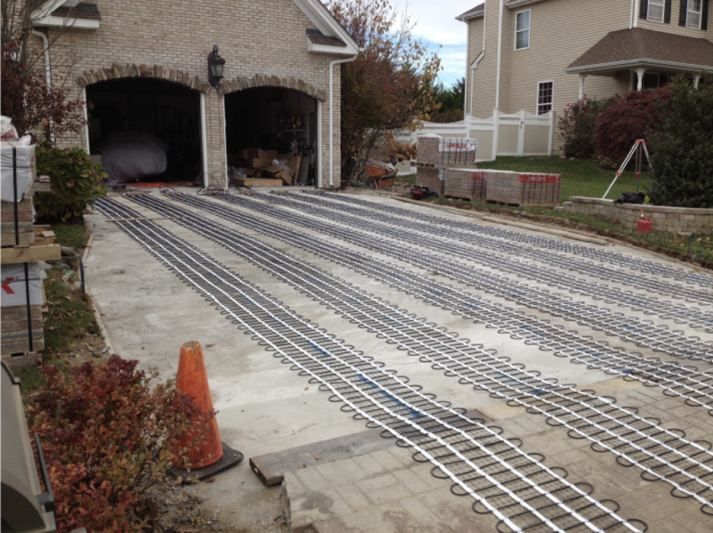 garage with snow melting cable mat laid out