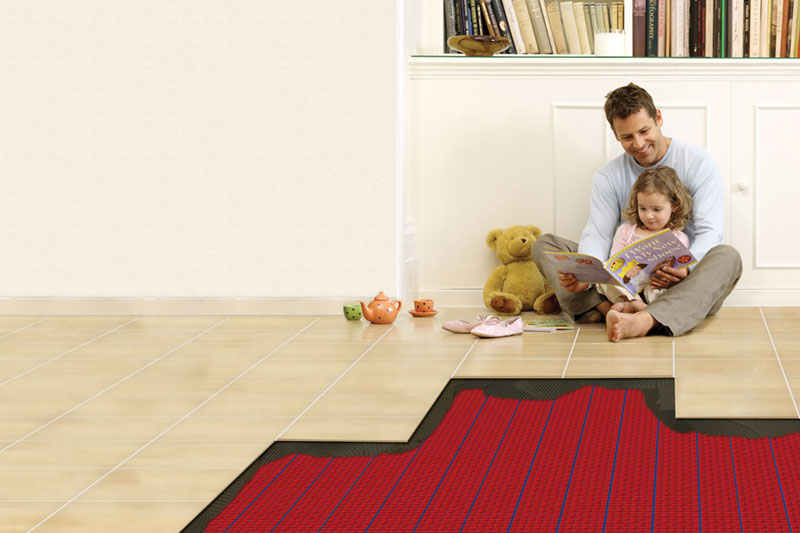 family sitting on tiled floor with DCM-PRO cutaway