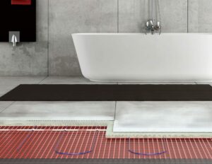 Electric Floor Heating system being installed in a bathroom. 