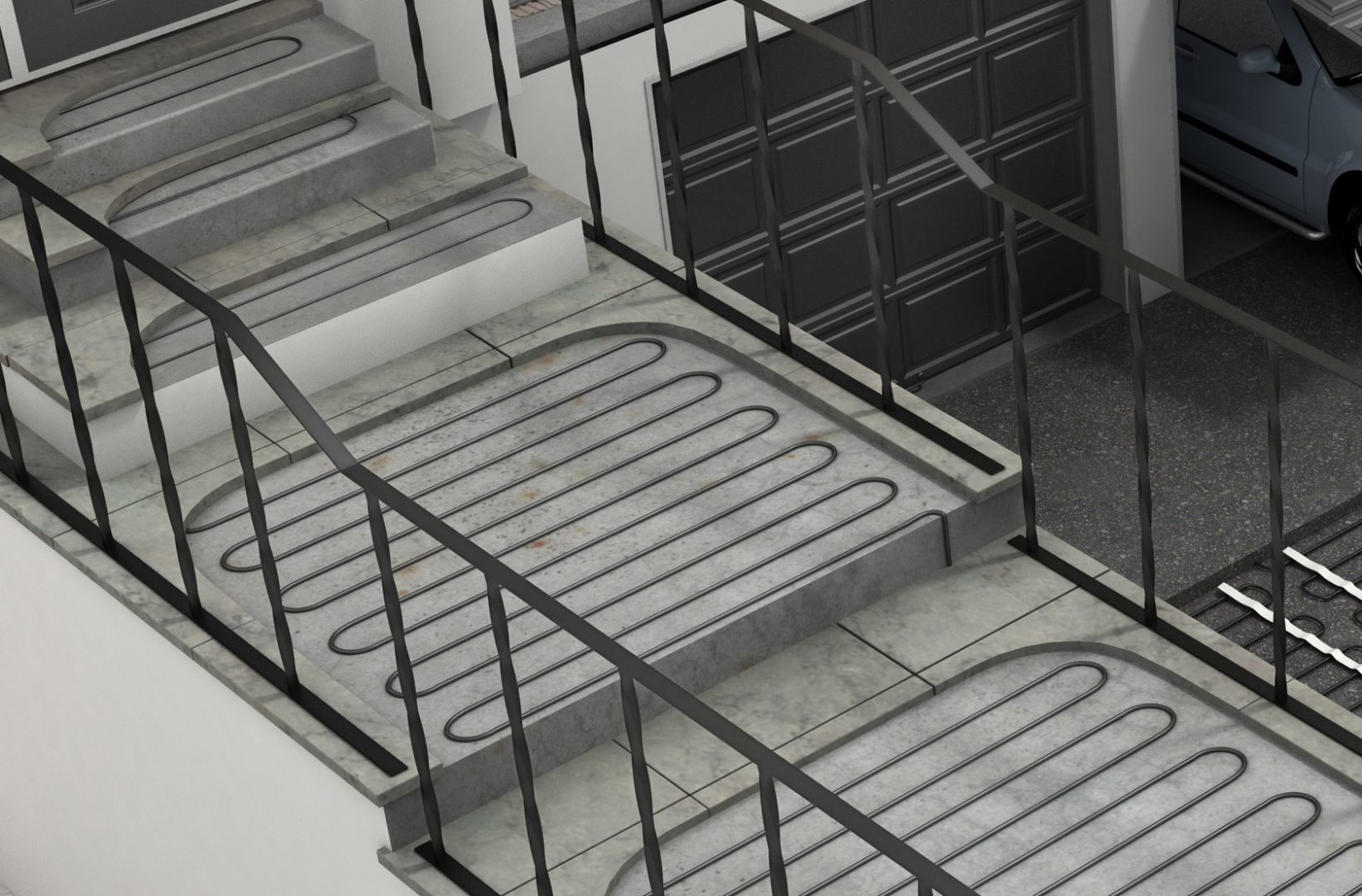 A cutaway of heated stairs in concrete, showing the cables that heat the slab.
