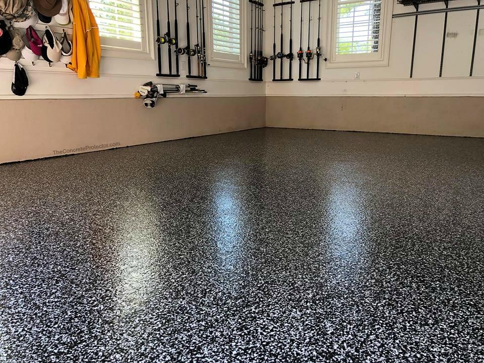 A completed floor installation in a garage. 